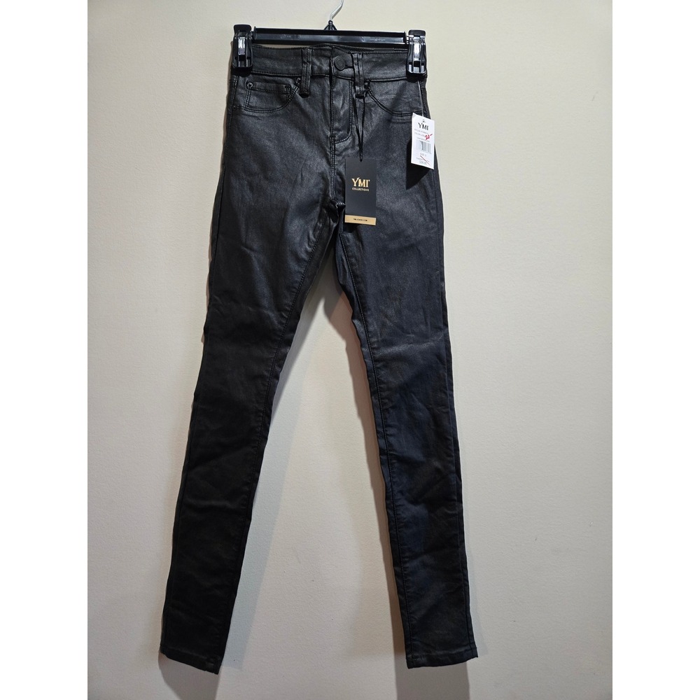 YMI Women Black Coated Faux Leather Skinny Pants High Rise Jeans  Size S NWT